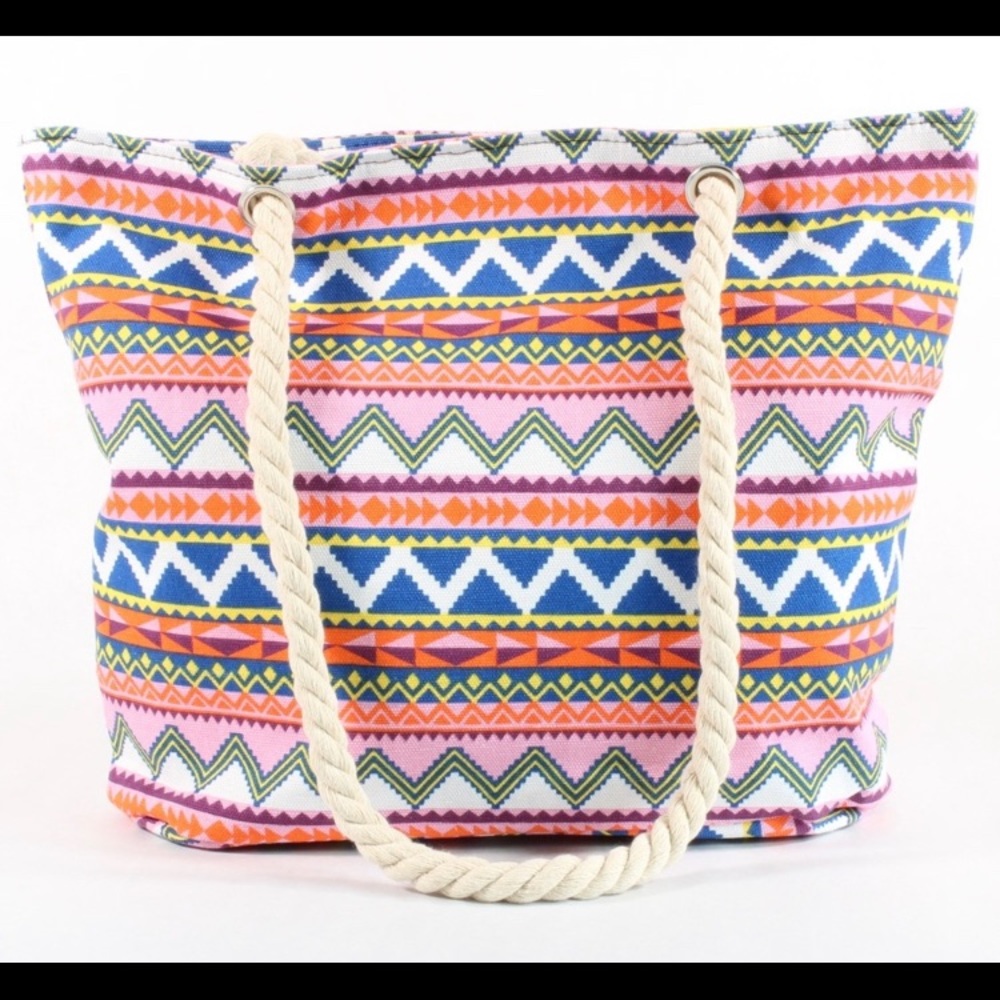 Womens Tote Canvas Printed Rope Handle Bag Pink